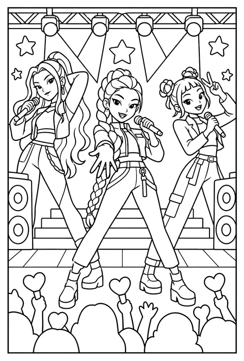 The Saja Boys performing on stage in matching suits coloring page