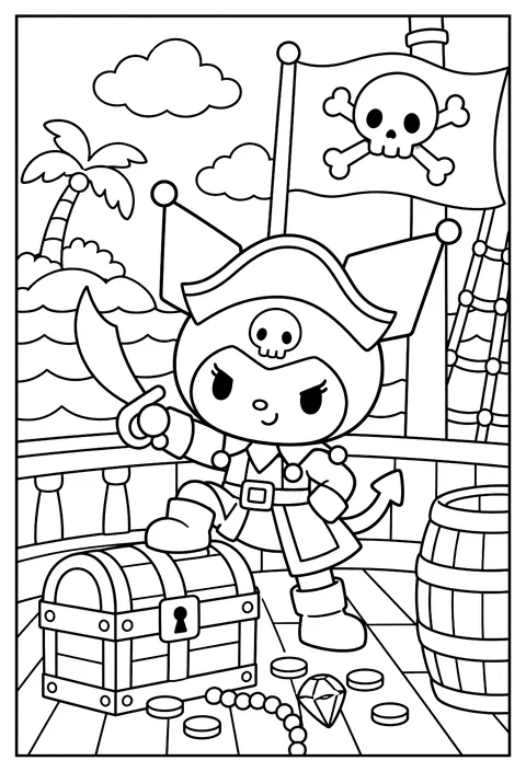 Kuromi as a pirate captain on a ship with a skull flag and a treasure chest coloring page