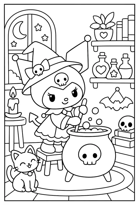 Kuromi as a witch stirring a bubbling cauldron with potion bottles on a shelf coloring page
