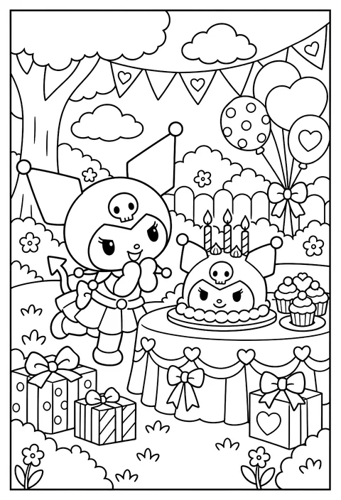 Kuromi at a birthday party with a cake shaped like her hood coloring page