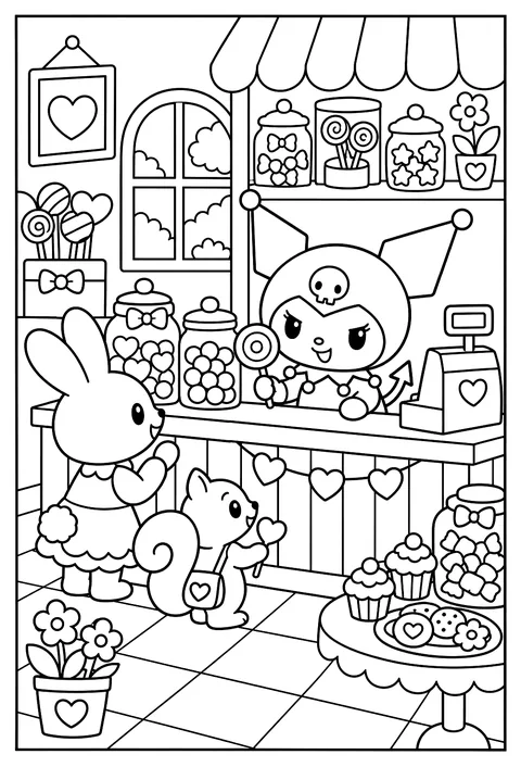 Kuromi at a candy shop counter with jars of sweets and a cash register coloring page