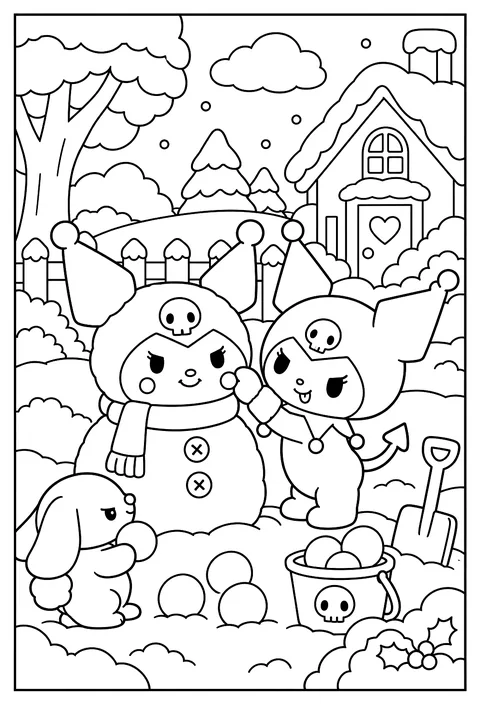 Kuromi building a snow-Kuromi with a scarf and a jester hood made of snow coloring page