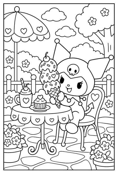 Kuromi eating a giant ice cream cone with three scoops and sprinkles coloring page