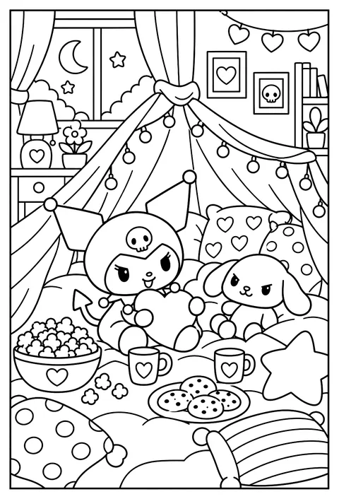 Kuromi having a sleepover with pillows, a blanket fort and fairy lights coloring page