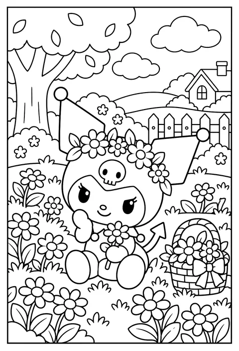 Kuromi in a flower crown sitting in a field of daisies, looking surprisingly sweet coloring page