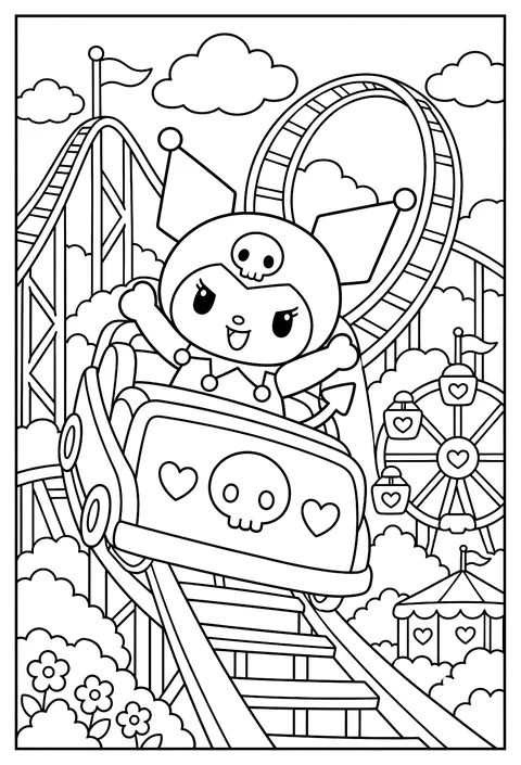 Kuromi riding a roller coaster, arms up, the track looping behind coloring page