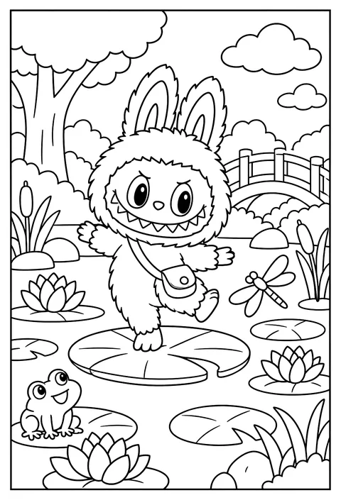 Labubu balancing on a floating lily pad in a quiet pond coloring page