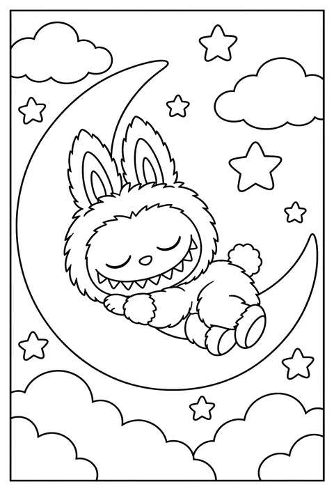 Labubu curled up asleep on a crescent moon among scattered stars coloring page