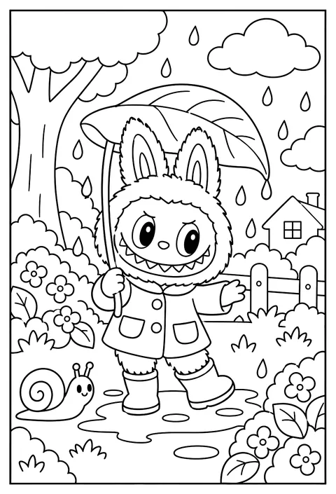Labubu holding a leaf-shaped umbrella in a gentle rain shower coloring page