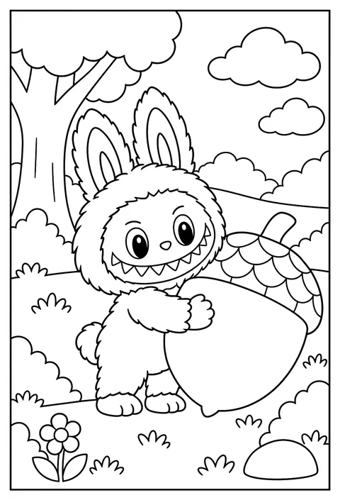 Labubu hugging a giant acorn twice its size coloring page