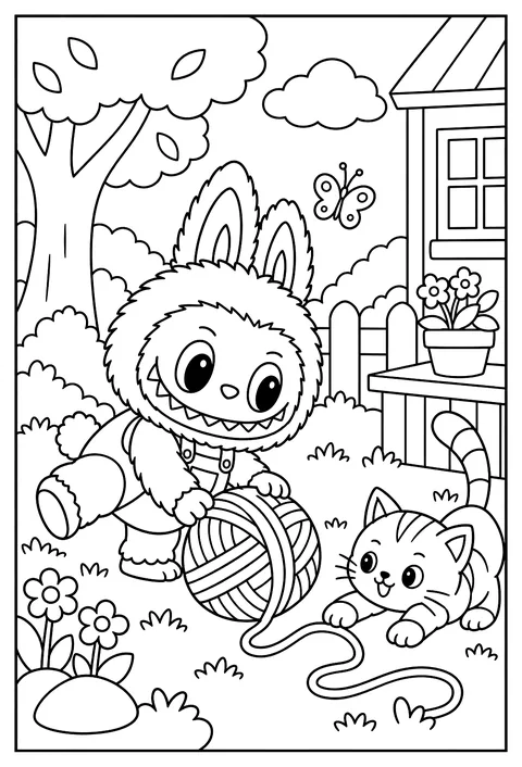 Labubu playing with a large ball of yarn like a mischievous kitten coloring page