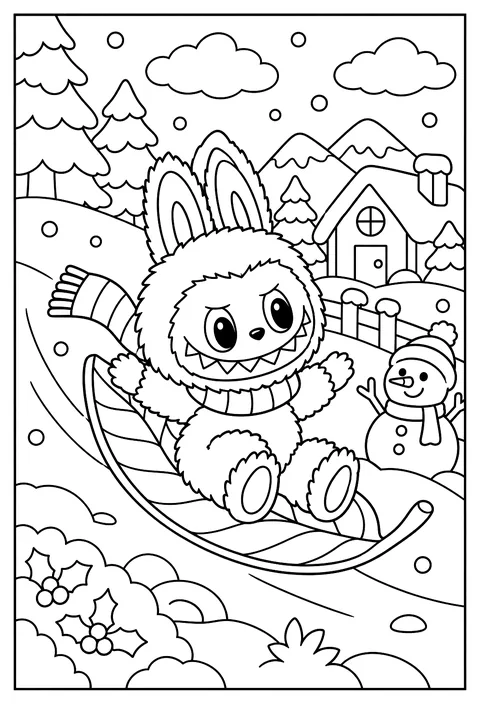 Labubu sledding down a snowy hill on a large leaf coloring page
