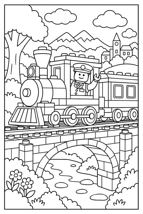 A LEGO conductor minifigure driving a brick train over a brick bridge coloring page