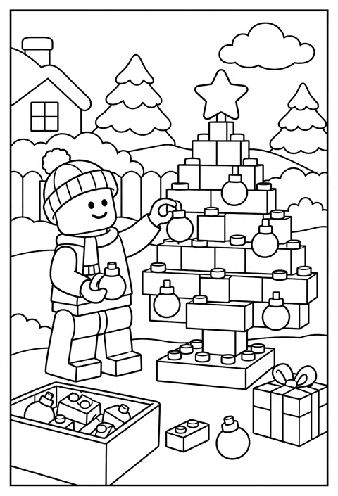 A LEGO minifigure building a brick Christmas tree strung with ornaments coloring page