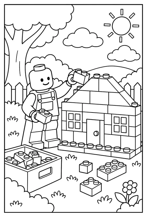 A LEGO minifigure building a brick house with a triangular roof coloring page