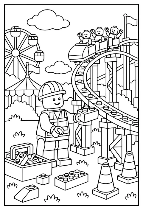 A LEGO minifigure building a brick roller coaster at an amusement park coloring page