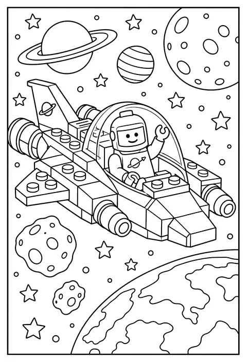 A LEGO minifigure flying a brick spaceship past brick stars and planets coloring page