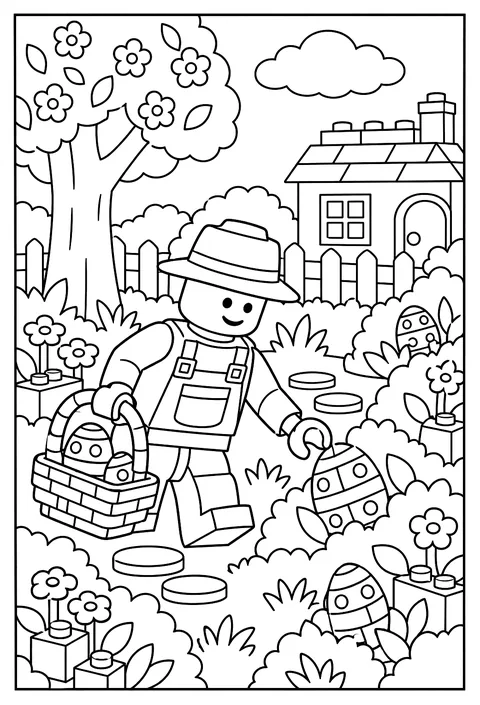 A LEGO minifigure hunting brick Easter eggs in a brick garden coloring page