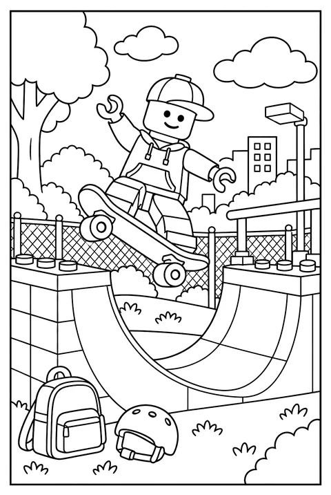 A LEGO minifigure skateboarding on a brick half-pipe ramp coloring page