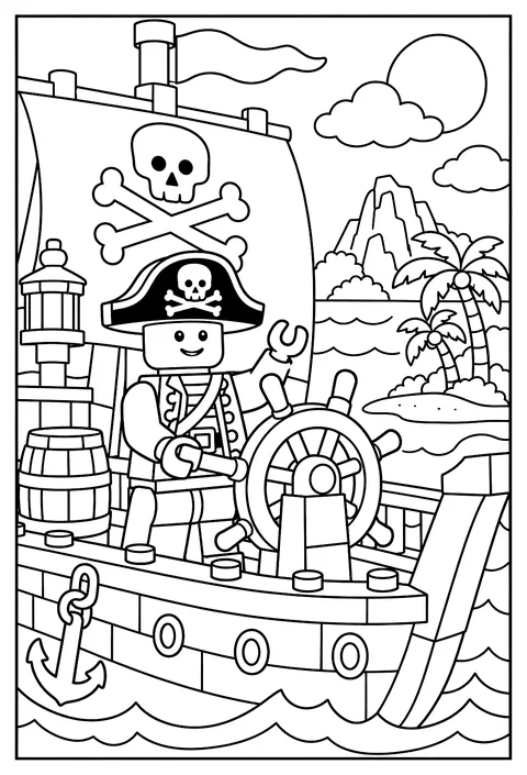 A LEGO pirate minifigure steering a brick pirate ship with a skull flag coloring page