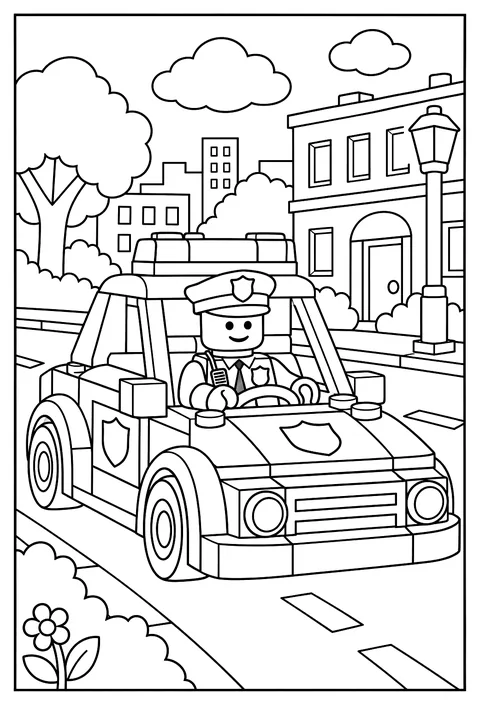 A LEGO police officer minifigure driving a brick police car coloring page