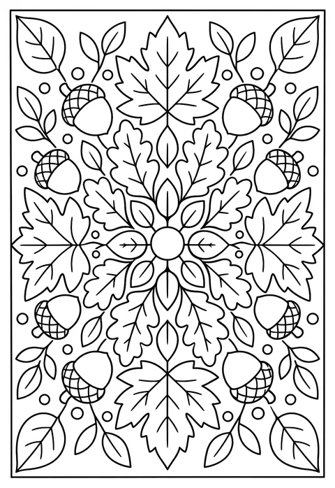 A mandala of autumn leaves and acorns coloring page