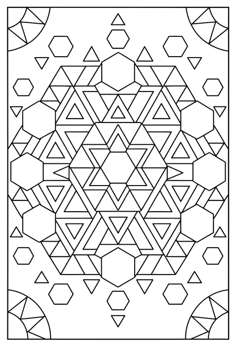 A mandala of geometric triangles and hexagons coloring page
