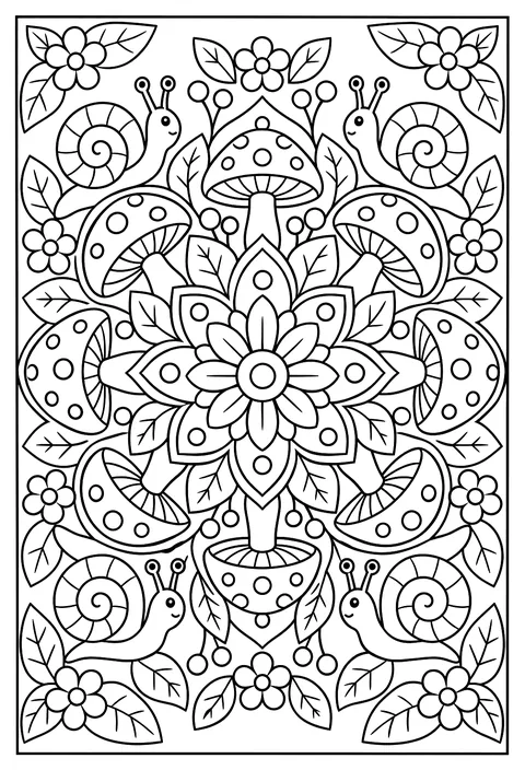 A mandala of mushrooms and snails coloring page