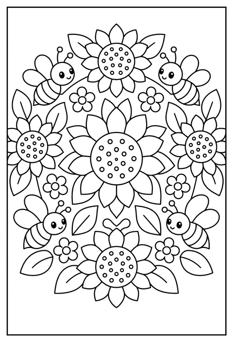 A mandala of sunflowers and bees arranged in rings coloring page