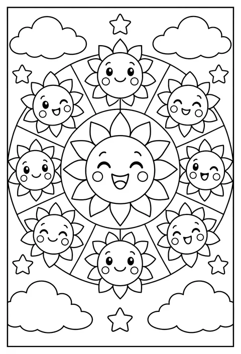 A mandala of suns with different faces coloring page
