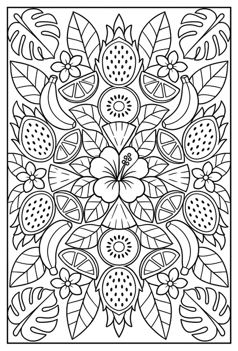 A mandala of tropical fruit slices coloring page