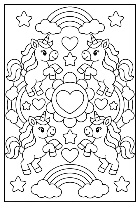 A mandala of unicorns and rainbows coloring page