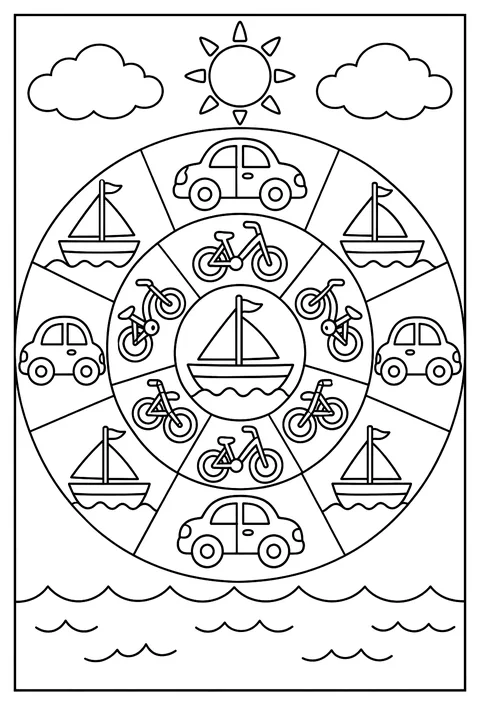 A mandala of vehicles: cars, bikes and boats in rings coloring page