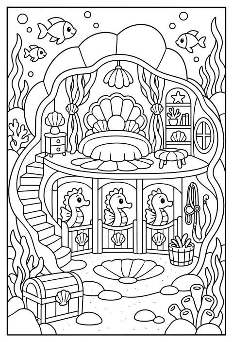 Cutaway of a mermaid's shell house coloring page
