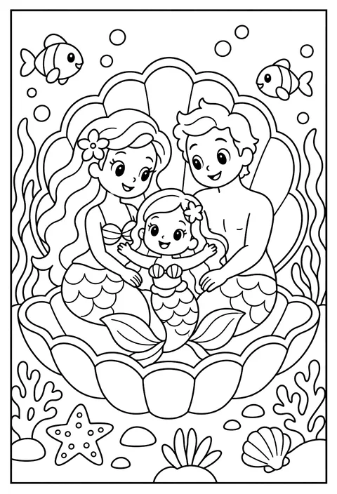 A mermaid family portrait in a giant clam shell frame coloring page