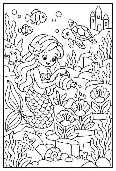 A mermaid gardener tending sea-flower beds with a watering shell coloring page