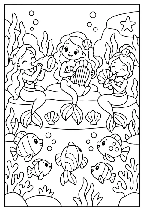 A mermaid orchestra playing shell instruments for an audience of fish coloring page