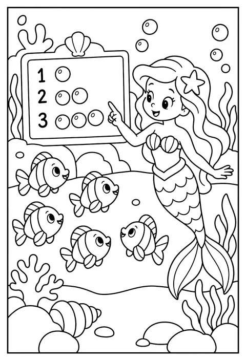 A mermaid teaching a class of tiny fish to count bubbles coloring page