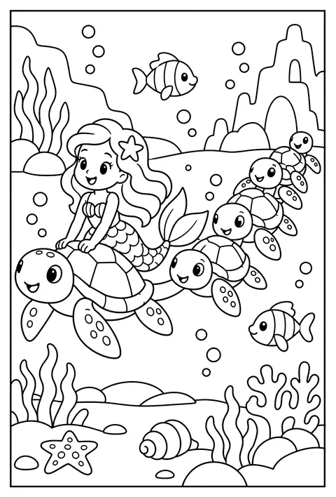 A mermaid train made of a long line of sea turtles coloring page