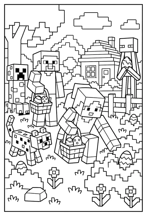 Alex hunting for hidden egg-shaped blocks in a garden at Easter coloring page