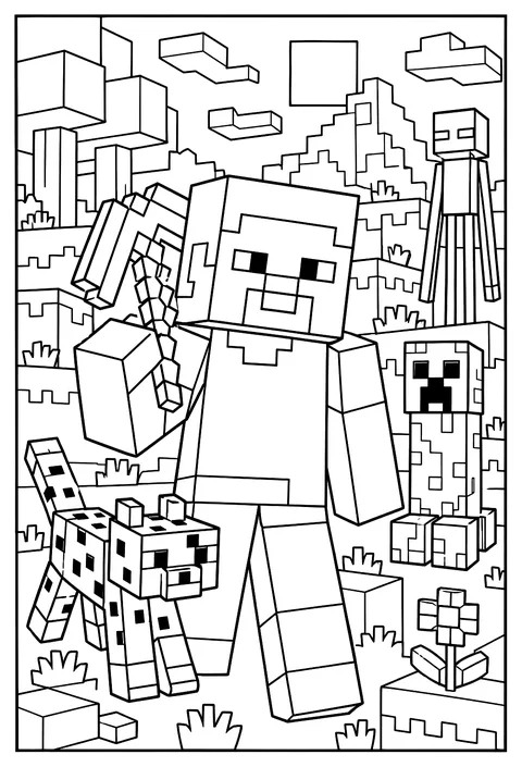A close-up portrait of Steve with his pickaxe resting on his shoulder coloring page