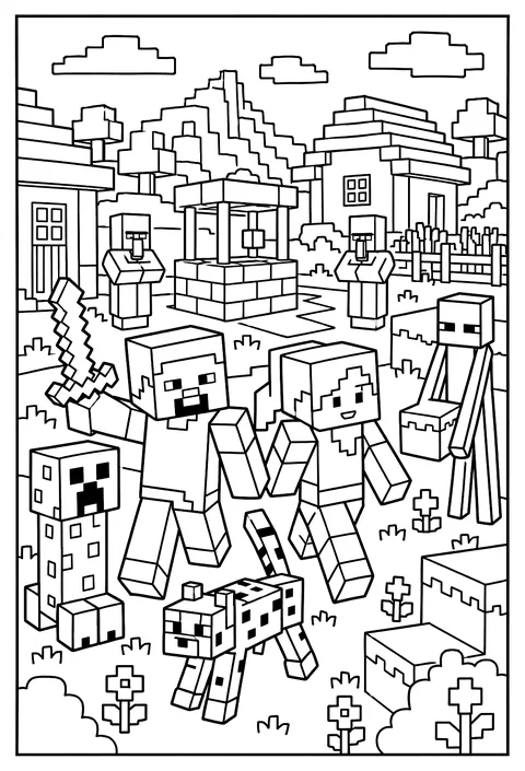 A small Minecraft village with villagers, blocky houses and a well coloring page