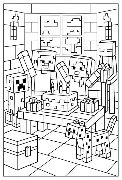 Steve and Alex's birthday party with a blocky cake and candles in a torch-lit room coloring page