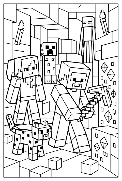 Steve mining in a cave with a pickaxe, torches lighting the walls and chunks of diamond ore coloring page