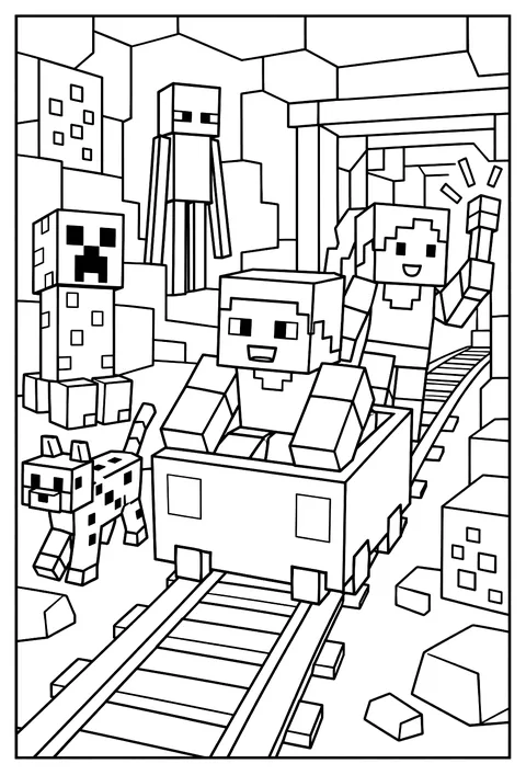Steve riding a minecart along a track through a mountain tunnel coloring page