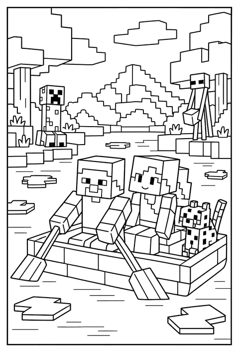 Steve sailing a small wooden boat across a lake dotted with lily pads coloring page