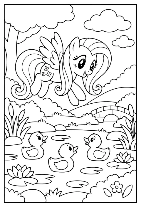 Fluttershy flying gently over a pond of ducks and lily pads coloring page
