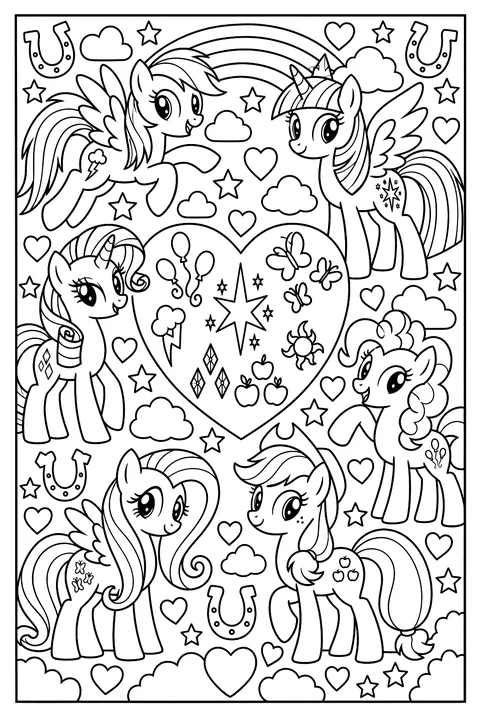 A pattern page of cutie marks, horseshoes, stars and clouds coloring page
