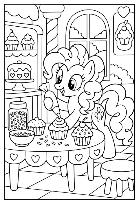 Pinkie Pie baking cupcakes at Sugarcube Corner with frosting tubes and sprinkles coloring page