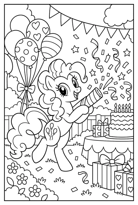 Pinkie Pie throwing a surprise party with balloons, streamers and a confetti cannon coloring page